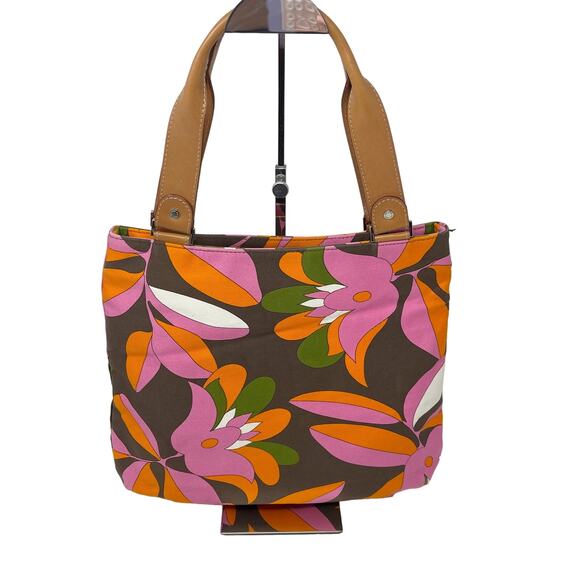 Kate Spade Pink Orange Brown Vintage Floral Inspired Tote Double Leather Handle - Picture 1 of 16
